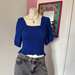 Royal Blue Ruched And Fitted Puff Sleeve Blouse